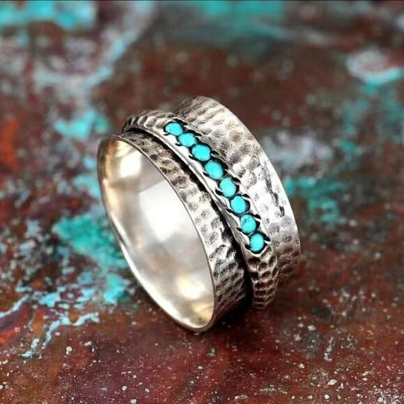 Boho Style Wide Ring Hammered Inlaid Turquoise Rotatable Design For Releasing - Picture 8 of 8